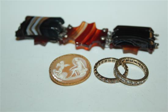 2 gold eternity rings, cameo & agate bracelet